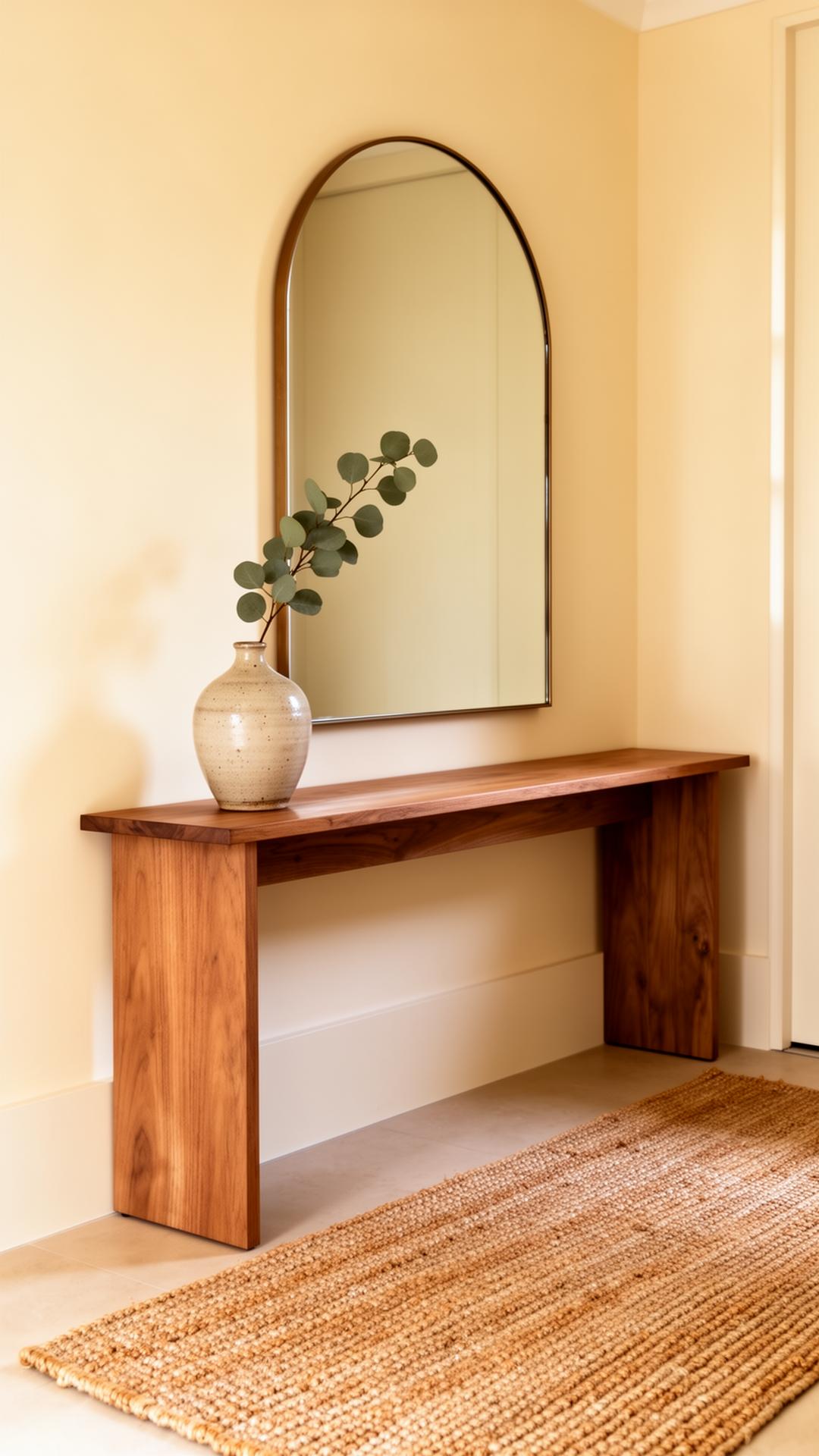 Warm minimal entryway with arched mirror