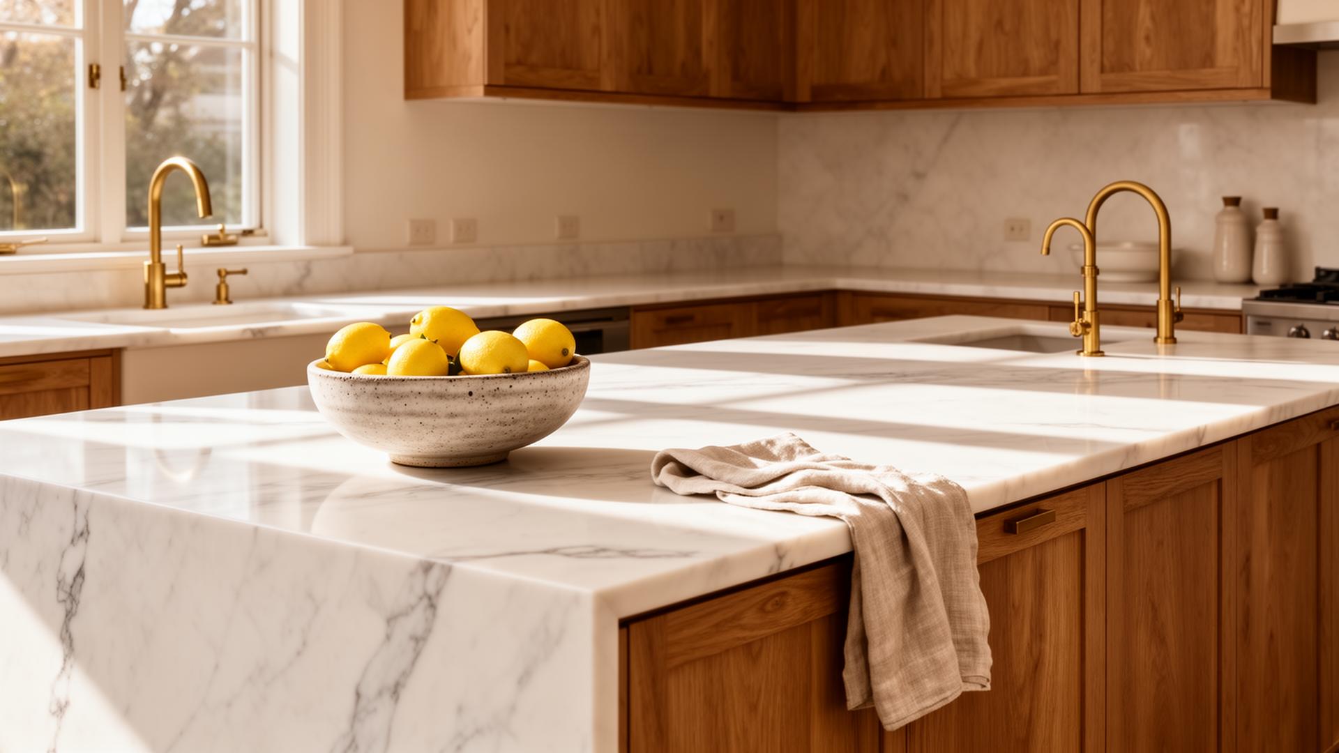 Bright kitchen with marble island